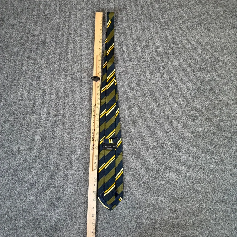 Christian Dior Monsieur Silk Tie Navy Blue Olive Green Yellow Striped Italy